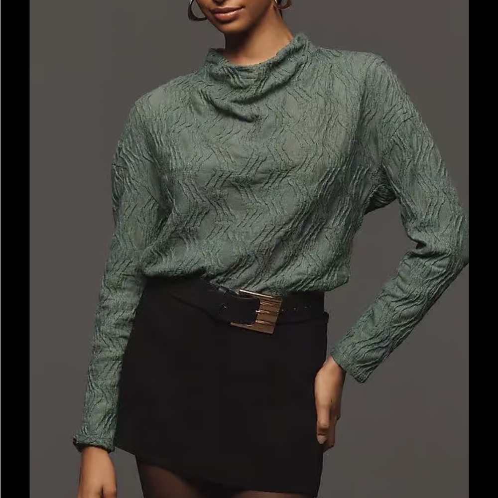 Anthropologie Green Textured Long-Sleeve Blouse